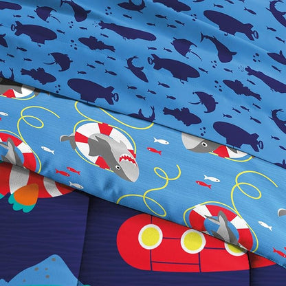 dream FACTORY Kids 5-Piece Complete Set Easy-Wash Super Soft Microfiber Comforter Bedding, Twin, Navy Submarine