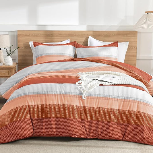 Litanika Burnt Orange King Bed Comforter Set, 3 Pieces Boho Terracotta Stripe Colorblock Bedding Comforter Set, Rust Fluffy Bed Set (104x90In Comforter & 2 Pillowcases)