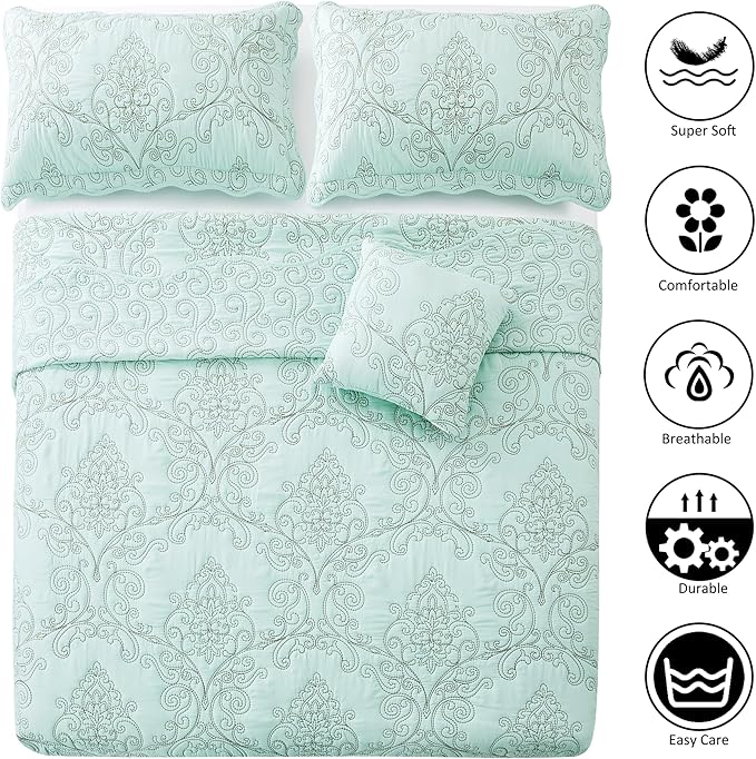 Home Soft Things Damask 4 Piece Bedspread Set, Scalloped Edge Reversible Quilt Coverlet Comforter Prewashed Bedding Set, Matelasse Embossed Floral Solid Pattern,Blue Oversize King(120" x 120")