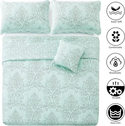 Home Soft Things Damask 4 Piece Bedspread Set, Scalloped Edge Reversible Quilt Coverlet Comforter Prewashed Bedding Set, Matelasse Embossed Floral Solid Pattern,Blue Oversize King(120" x 120")
