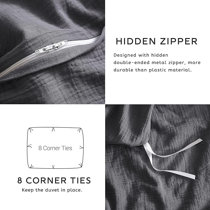 SE SOFTEXLY Muslin Duvet Cover King Size, 100% Washed Cotton Duvet Cover Set, Ultra Soft Comforter Cover Linen Like, 3 Pieces Minimalist Gauze Duvet Cover with 2 Pillowcases, 90"x104", Dark Grey