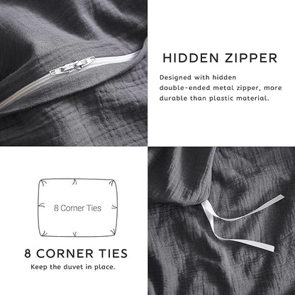 SE SOFTEXLY Muslin Duvet Cover California King Size, 100% Washed Cotton Duvet Cover Set, Ultra Soft Comforter Cover Linen Like, 3 Pieces Gauze Duvet Cover with 2 Pillowcases, 98"x104", Dark Grey