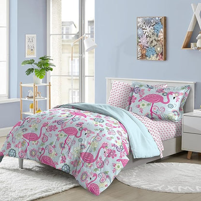 dream FACTORY Kids 7-Piece Complete Set Easy-Wash Super Soft Microfiber Comforter Bedding, Full, Pink Flamingo