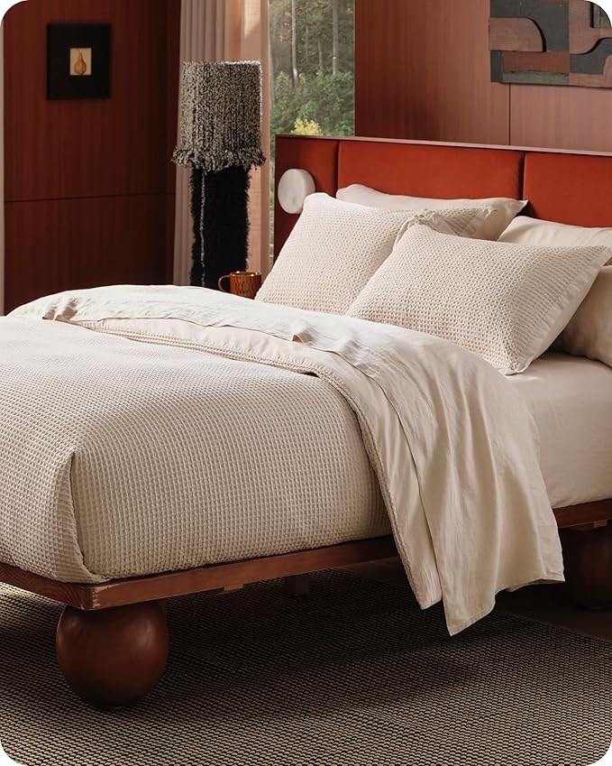 Bedsure Cotton Duvet Cover King - 100% Cotton Waffle Weave Beige Duvet Cover King Size, GentleSoft™ and Breathable Bedding Set for All Season, 3 Pieces, 104"x90"