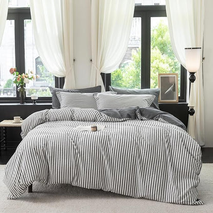 Reversible Duvet Cover Set 100% Washed Cotton Dark Grey Stripe Linen Feel Duvet Cover Queen Size with Zipper Closure & 2 Pillow Shams,Dark Grey/White Stripe Reverse Solid Dark Grey