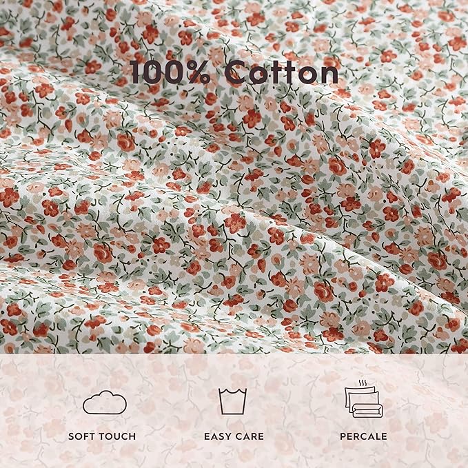 Laura Ashley - Queen Sheets, Cotton Percale Bedding Set, Lightweight & Breathable Home Decor (Emogene Burnt Orange, Queen)