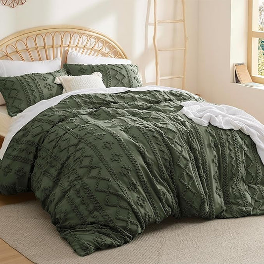 Bedsure Boho Duvet Cover Queen Size, Soft & Comfortable Elegant Design Boho Bedding for Decoration, Machine Washable Comforter Cover for All Seasons,Includes 1 Duvet Cover & 2 Pillow Shams,Olive Green