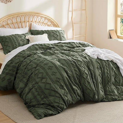 Bedsure Boho Twin Duvet Cover, Soft & Comfortable Elegant Design Boho Bedding for Decoration, Machine Washable Comforter Cover for All Seasons,Includes 1 Duvet Cover & 1 Pillow Sham,Olive Green