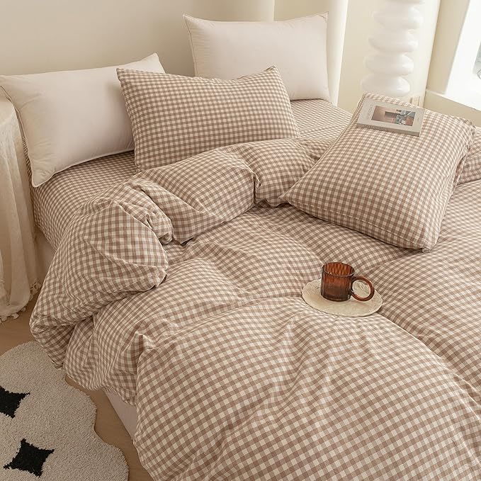 ECOCOTT Gingham Duvet Cover King Size 100% Washed Cotton Like Linen Feel Super Soft & Comfy Bedding Set Modern Checkered Design for All Seasons