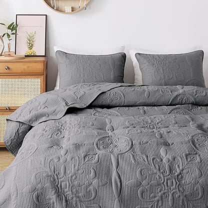 Dark Grey Damask Quilt Queen Size Bedding Sets with 2 Pillow Shams, Boho Bedspread Lightweight Soft Farmhouse Vintage Bohemian Coverlet Retro Jacquard Pattern Bed Cover for All Season, 3 Pieces