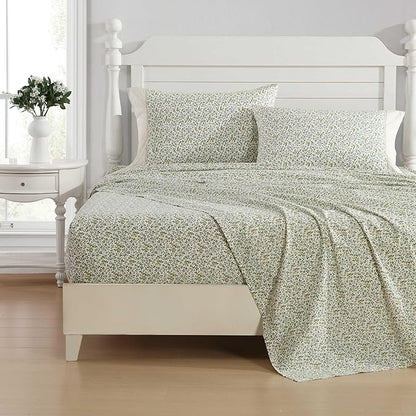 Laura Ashley - Full Sheet Set, Breathable Percale Cotton Bedding with Deep Pockets, Chic Home Decor, Oeko-Tex Certified (Tierney Green, Full)