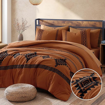 MaiRêve Embroidery Oversized King Size Comforter Set Burnt Orange, Boho Farmhouse Western Bedding Set 7 Pieces, All Season Bed in A Bag Comforter Set with Sheets, Pillowcases & Shams