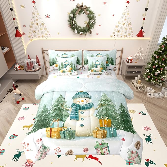 Kawaii Snowman Comforter Set 7 PCS,Cartoon Christmas Trees Gifts Bed Set for Girls Kids,Winter Christmas Theme Bed in a Bag Bedding Set with Comforter,Sheet Set,Pillowcases,Pillow Covers,Queen