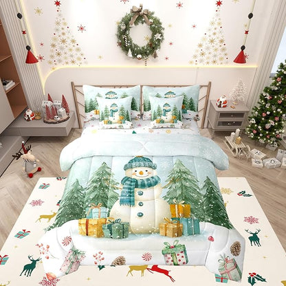 Kawaii Snowman Comforter Set 7 PCS,Cartoon Christmas Trees Gifts Bed Set for Girls Kids,Winter Christmas Theme Bed in a Bag Bedding Set with Comforter,Sheet Set,Pillowcases,Pillow Covers,King
