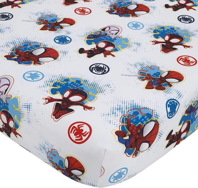 Disney Marvel Spidey and his Amazing Friends Spidey Team Red, White, and Blue 4 Piece Toddler Bed Set - Comforter, Fitted Bottom Sheet, Flat Top Sheet, and Reversible Pillowcase