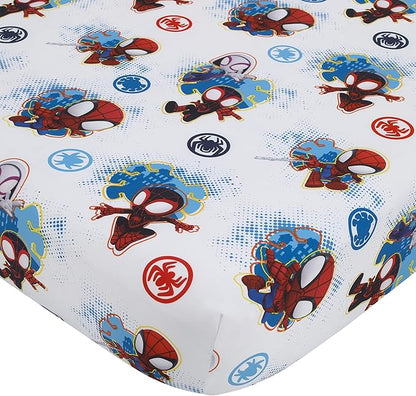 Disney Marvel Spidey and his Amazing Friends Spidey Team Red, White, and Blue 4 Piece Toddler Bed Set - Comforter, Fitted Bottom Sheet, Flat Top Sheet, and Reversible Pillowcase