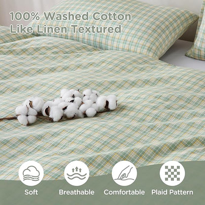 TOCOMOA Plaid Duvet Cover Set 100% Washed Cotton Like Linen Feel Super Soft Comfy 3 Piece Green and Yellow Gingham Checkered Bedding Comforter Cover Set (King 104"x90", Comforter Not Included)