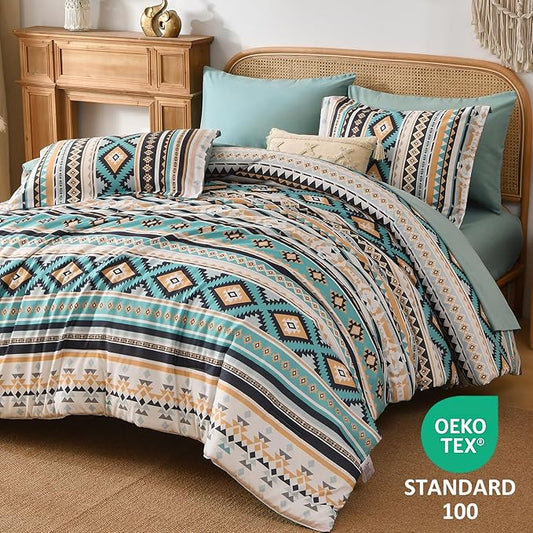 Dinjoy Boho King Size Bed in A Bag 7 Pieces,Turquoise Orange Comforter Set Aztec Striped Bedding Set Bohemian Complete Set Geometric Spring Comforters for Women Men 90"×104"