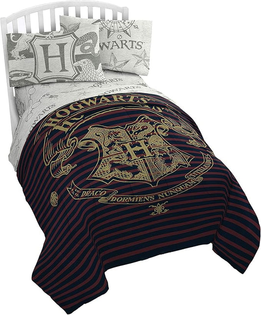 Jay Franco Harry Potter Spellbound 4 Piece Twin Bed Set - Includes Reversible Comforter & Sheet Set - Bedding Features Hogwarts Logo - Super Soft Polyester - (Official Harry Potter Product)