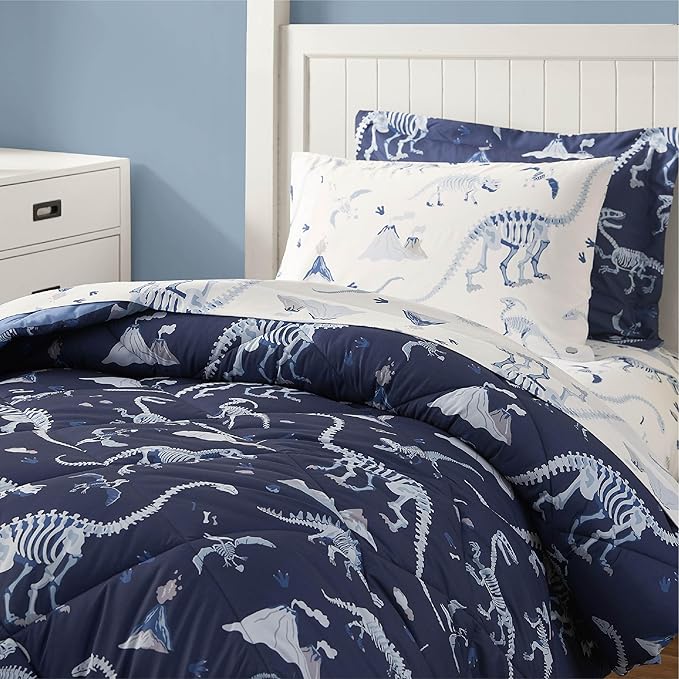 Blue Dinosaur Queen Comforter Set for Boys, 7 Pieces Kids Bedroom Bedding with Sheets and Pillowcase, Super Soft Lightweight for All Season, Machine Washable