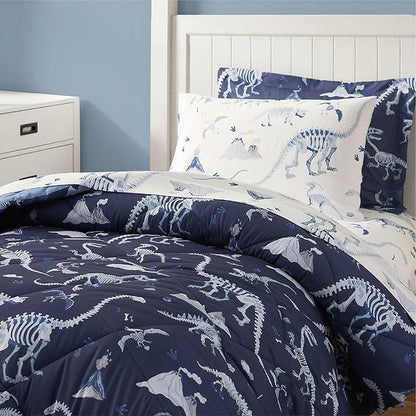 Blue Dinosaur Queen Comforter Set for Boys, 7 Pieces Kids Bedroom Bedding with Sheets and Pillowcase, Super Soft Lightweight for All Season, Machine Washable