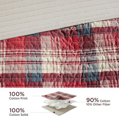 Woolrich Reversible Quilt Cabin Lifestyle Design - All Season, Breathable Coverlet Bedspread Bedding Set, Matching Shams, Oversized Full/Queen, Tasha Plaid Red/Tan 3 Piece