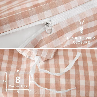TOCOMOA Pink Tan Gingham Duvet Cover Bedding Set 100% Washed Cotton Like Linen Feel Super Soft Comfy 2 Piece Vintage Plaid Checkered Fall Comforter Cover Set (Twin 68"x90", Comforter Not Included)