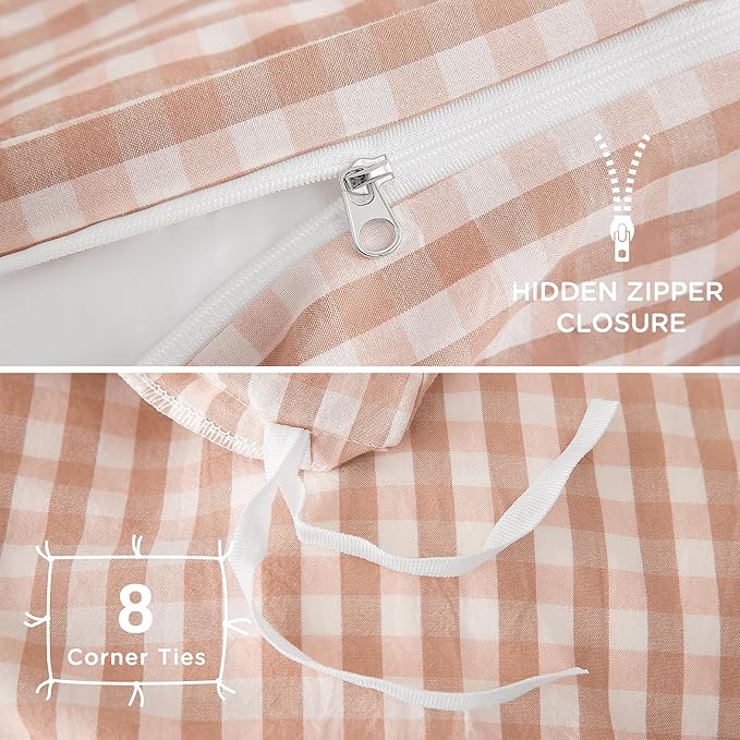 TOCOMOA Pink Tan Gingham Duvet Cover Bedding Set 100% Washed Cotton Like Linen Feel Super Soft Comfy 3 Piece Vintage Plaid Checkered Fall Comforter Cover Set (King 104"x90", Comforter Not Included)