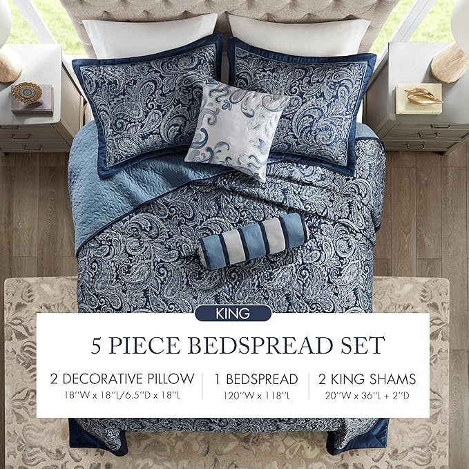 Madison Park Aubrey Reversible Quilted Bedspread Set, Solid Reverse Summer Breathable, Lightweight All Season Bedding Layer, Matching Shams, Bedspread King(120"x118"), Navy 5 Piece
