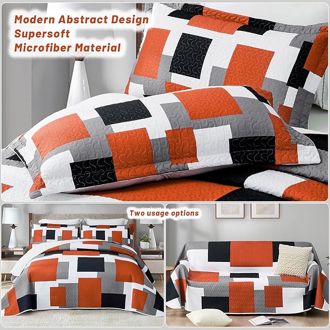 3 Piece Orange Grey Quilt Set King Size Black White Gray Geometric Reversible Bedding Set Microfiber Lightweight Bedspread Coverlet with 2 Shams Modern Bed Covers for All Season, 106''x96''