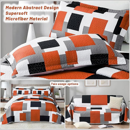 3 Piece Orange Grey Quilt Set California King Size Black White Gray Geometric Reversible Bedding Set Microfiber Lightweight Bedspread Coverlet with 2 Shams Bed Covers for All Season, 118''x106''