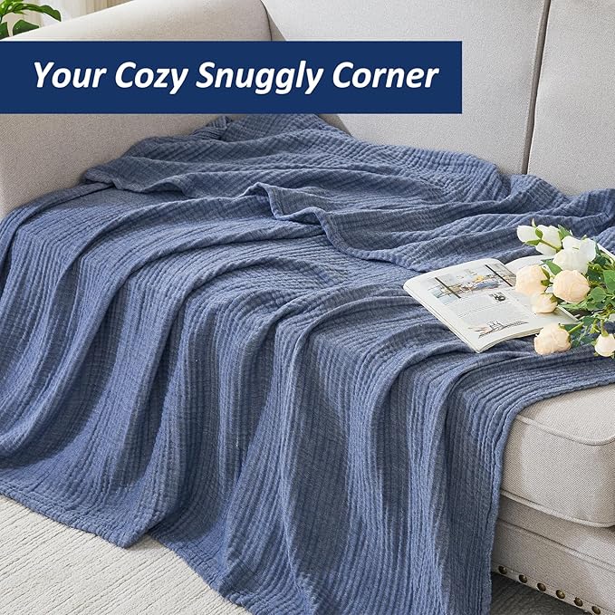EMME Cotton Muslin Twin Blanket Breathable Gauze Soft Lightweight Adults Gifts for Women (Heather Navy, 60"x80")