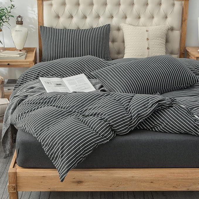 PURE ERA Jersey Knit Duvet Cover Set 100% T-Shirt Heather Cotton Super Soft Comfy Classic Striped Design, with Zipper Closure, Black & White Pinstripe, King
