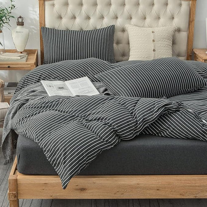PURE ERA Jersey Knit Duvet Cover Set 100% T-Shirt Heather Cotton Super Soft Comfy Classic Striped Design, with Zipper Closure, Black & White Pinstripe, King