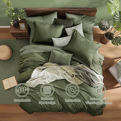 Monbix Super King Comforter Set, Olive Green Cationic Dyeing Bedding Set Reversible, Bed in a Bag 7 Pieces with Comforter, Sheets, Pillowcases & Shams