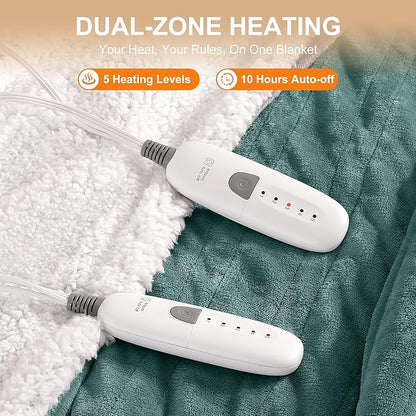 King Heated Blanket 100''X90'', Ultra Soft Silky Flannel & Fluffy Sherpa Heating Blanket Dual Control with 5 Heat Levels & 10 Hrs Timer, ETL Certified & Overheat Protection, Machine Washable