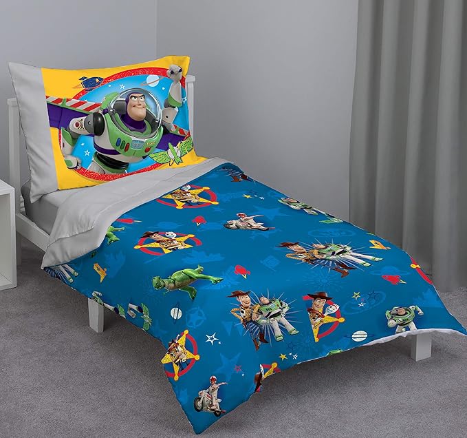 Disney Toy Story - Play Time - Blue, Yellow, Green, Red, Gray 4 Piece Toddler Bed Set with Comforter, Flat Top Sheet, Fitted Bottom Sheet, Standard Size Pillowcase