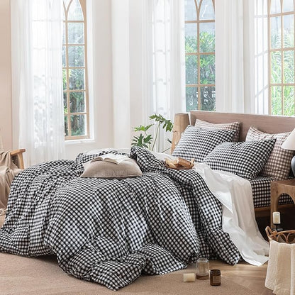 MooMee Gingham Duvet Cover Set 100% Washed Cotton Linen Like Textured Breathable Durable Soft Comfy Modern Checkered Design (Black White Gingham, Super Queen 90"x98")