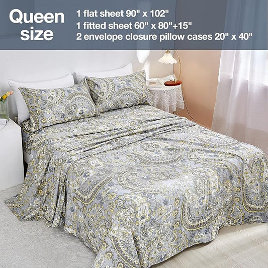 JSD Paisley Sheet Set Queen Size, 4 Piece Retro Pattern Microfiber Bedding Sheets Extra Deep Pocket