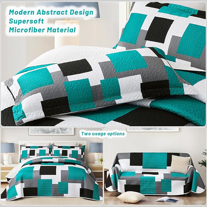 3 Piece Teal/Turquoise Grey Quilt Set King Size Black White Geometric Reversible Bedding Set Microfiber Lightweight Bedspread Coverlet with 2 Shams Modern Bed Covers for All Season, 106''x96''