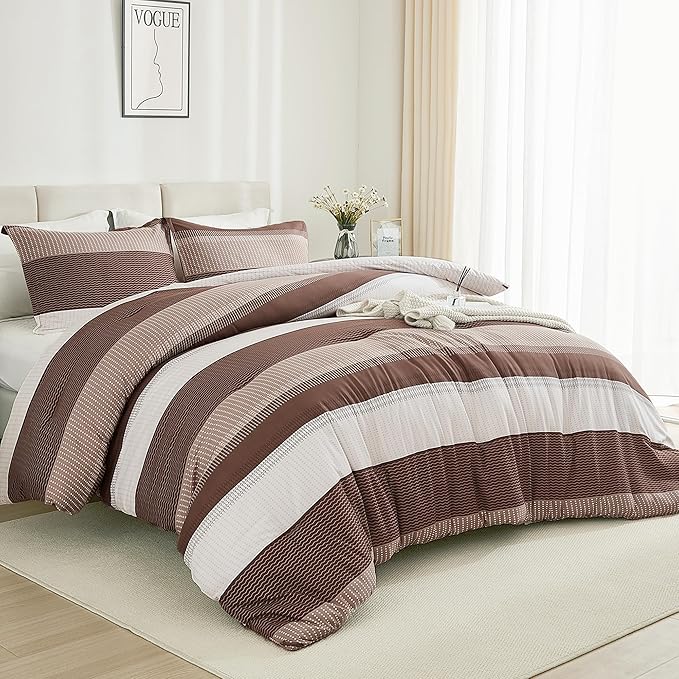 Litanika Brown Comforter Set King - 3 Pieces Lightweight Brown White Colorblock Stripe Fluffy Bedding Comforter Sets, All Season Bed Set