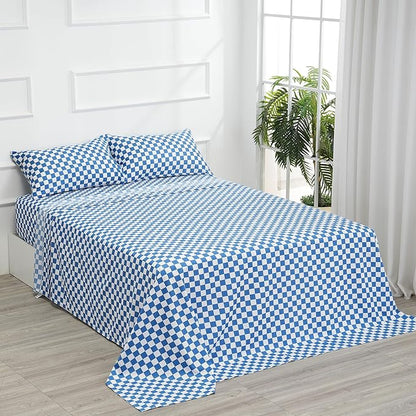 Best Season Queen Size Sheet Set 4 Piece -Microfiber Soft Durable Bedding Sheet Set,Deep Pocket,Stain,Fade & Wrinkle Resistant (Plaid Blue&White)
