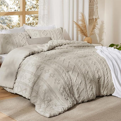 Bedsure Tufted Boho Comforter Set Queen Size - Linen Boho Bed Set, GentleSoft™ 3 Pieces Farmhouse Shabby Chic Embroidery Bedding, Gifts for Woman, Soft Jacquard Queen Comforter for All Seasons
