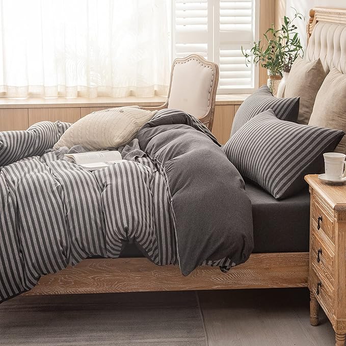PURE ERA Jersey Knit Duvet Cover Set 100% T-Shirt Heather Cotton Super Soft Comfy Classic Striped Design, with Zipper Closure, Charcoal Dark Grey Stripe, Full