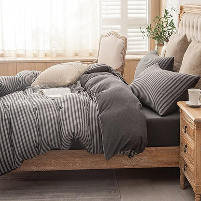 PURE ERA Jersey Knit Duvet Cover Set 100% T-Shirt Heather Cotton Super Soft Comfy Classic Striped Design, with Zipper Closure, Charcoal Dark Grey Stripe, Cal King
