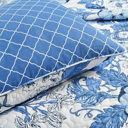 Lush Decor Sydney Reversible Cotton Quilt Set, 3 Piece Set, Full/Queen, Navy & White - Cotton Bedding Set - Navy Floral Quilt - Cottage Decor - Bedding Queen Size