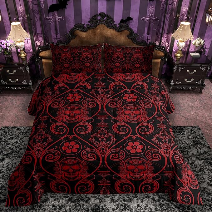 Feelyou Adults Red Vintage Damask Floral Comforter Set Oriental Antique Comforter Full Size Exotic Sugar Skull Rose Bedding Set Gothic Bohemia Boho Duvet Set Quilt Set 3Pcs