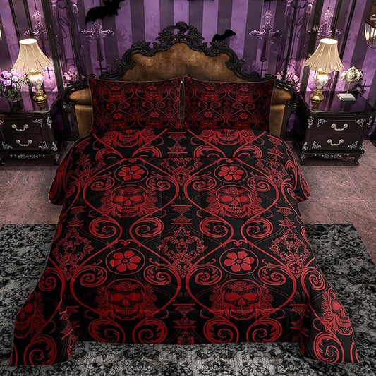 Feelyou Adults Red Vintage Damask Floral Comforter Set Oriental Antique Comforter Full Size Exotic Sugar Skull Rose Bedding Set Gothic Bohemia Boho Duvet Set Quilt Set 3Pcs