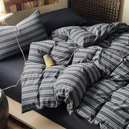 EAVD Retro Black Striped Duvet Cover Queen Soft 100% Washed Cotton Reversible Striped Pattern Bedding Set with 2 Pillowcases Farmhouse Geometric Duvet Cover with Zipper Closure