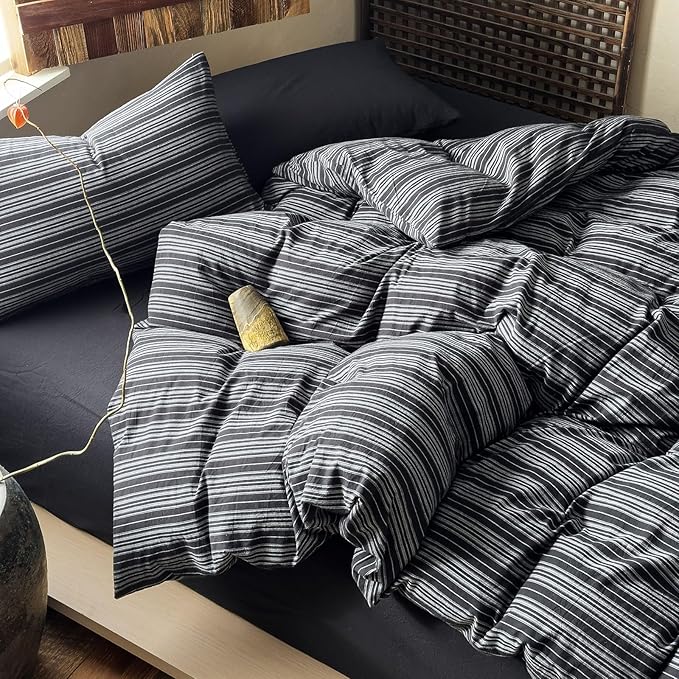 VM VOUGEMARKET Minimalist Black Stripe Duvet Cover Set – Soft Washed Cotton, Modern Neutral Ticking Pinstripe Farmhouse, 3 Pieces,Black&White,Queen Size